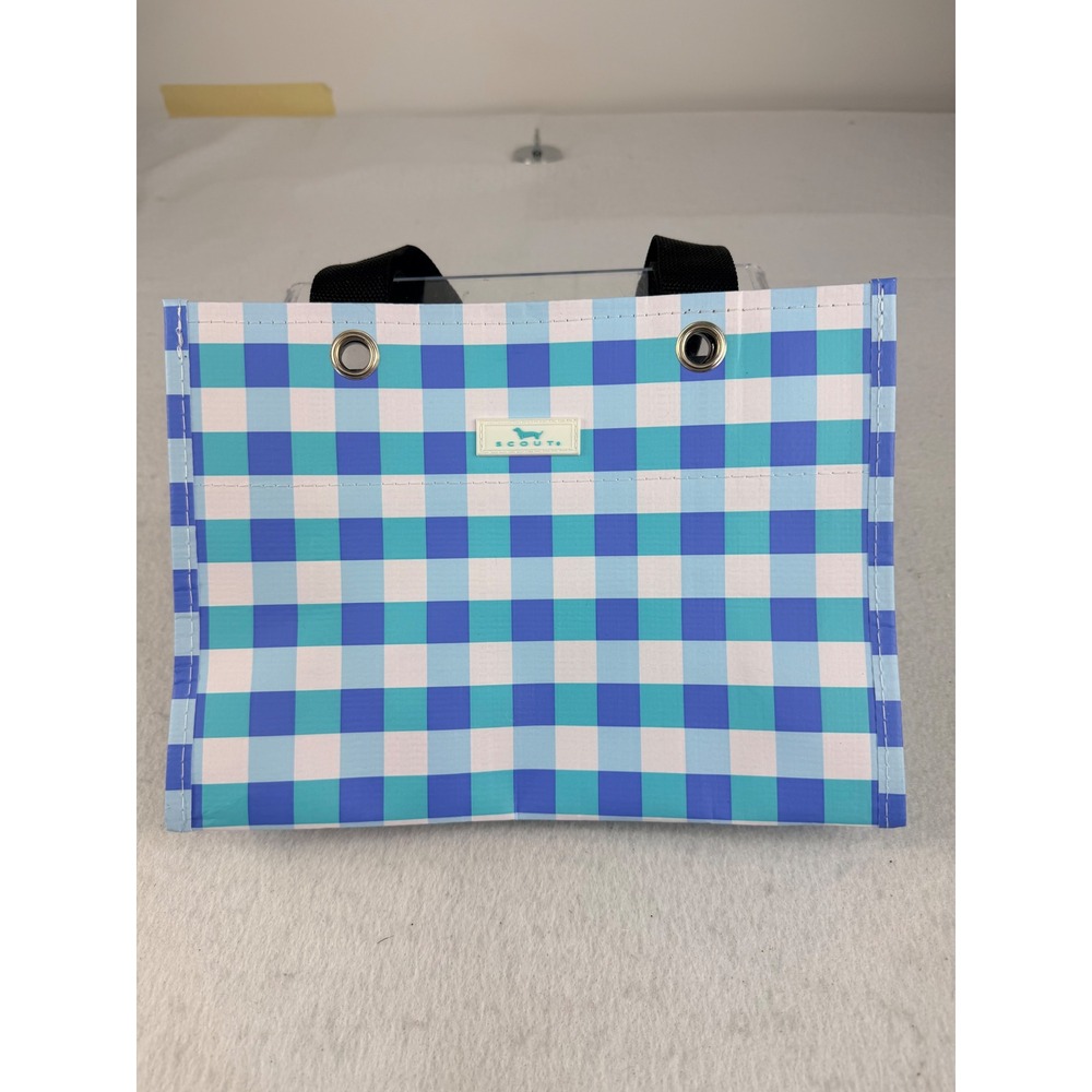 Scout Blue White Check Plaid Reusable Tote Bag Black Handles 13x12